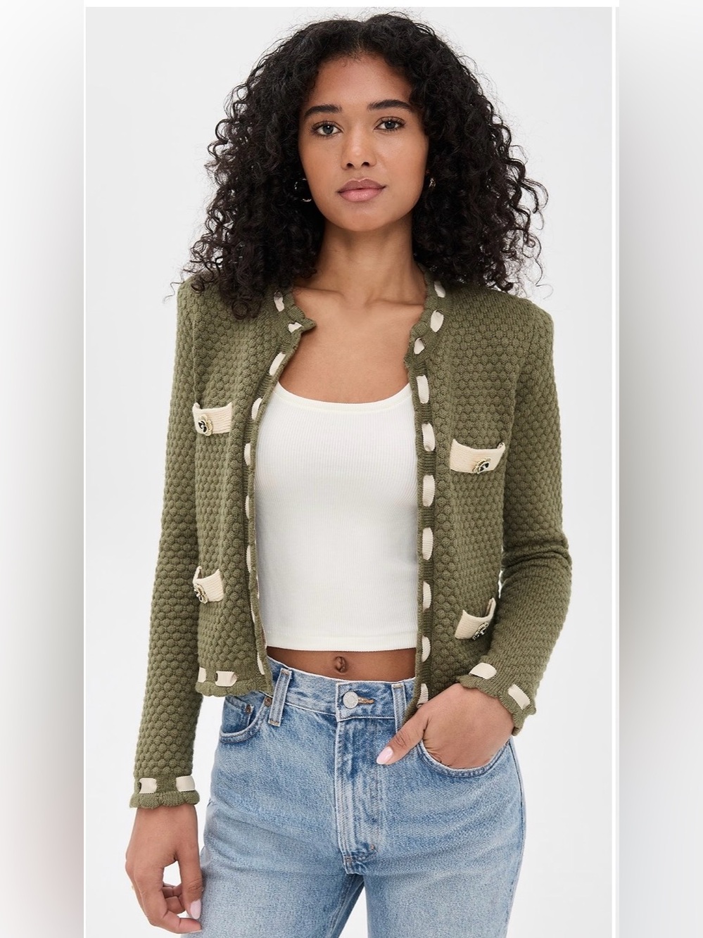 L'AGENCE Astor Cardigan Bubble Stitch Knit Army Biscuit Size XS NWT